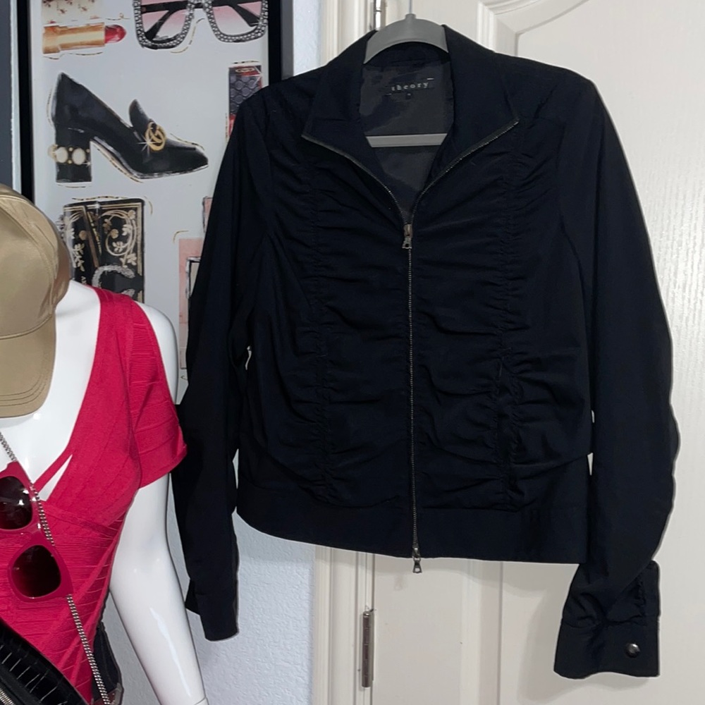 Black Theory Full Zip Shirred Jacket Minimalist Quiet Luxury Biker Capsule Chic